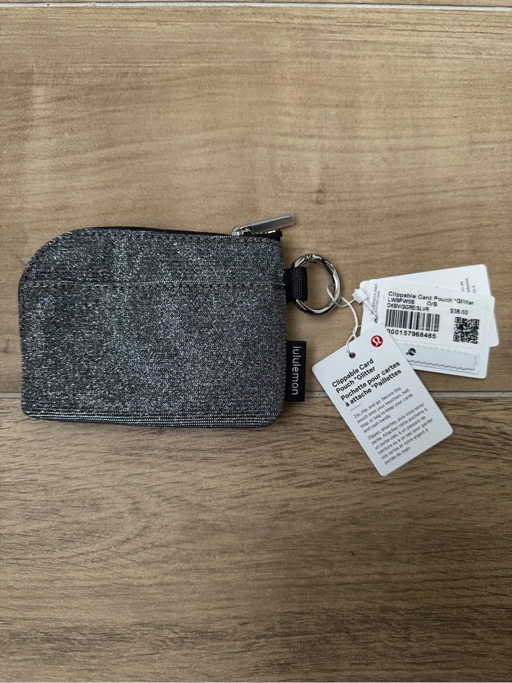 lululemon Glitter Black Silver Clippable Card Pouch